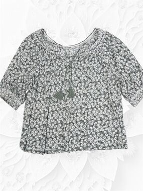 Lucky Brand Grey & Green Floral Peasant Blouse